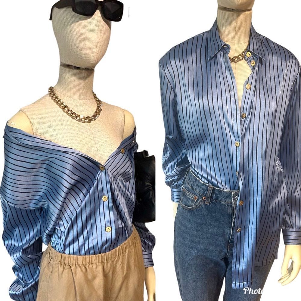 Basler Vintage Blue Black Pinstripe Button Down Satin  Blouse